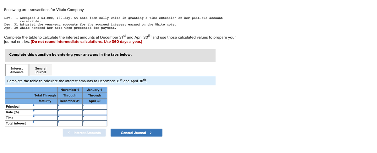 Following are transactions for Vitalo Company.
1 Accepted a $3,000, 180-day, 5% note from Kelly White in granting a time extension on her past-due account
receivable.
Nov.
Dec. 31 Adjusted the year-end accounts for the accrued interest earned on the White note.
Apr. 30 White honored her note when presented for payment.
Complete the table to calculate the interest amounts at December 31s and April 30" and use those calculated values to prepare your
journal entries. (Do not round intermediate calculations. Use 360 days a year.)
Complete this question by entering your answers in the tabs below.
Interest
General
Journal
Amounts
Complete the table to calculate the interest amounts at December 31st and April 30th.
November 1
January 1
Total Through
Through
Through
Maturity
December 31
April 30
Principal
Rate (%)
Time
Total interest
< Interest Amounts
General Journal
>
