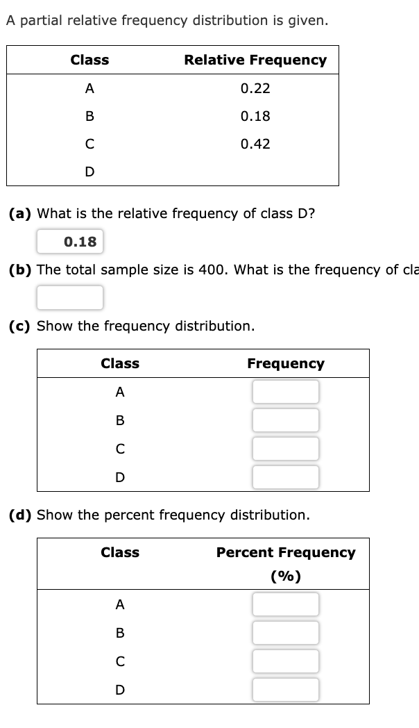 A partial relative frequency distribution is given.
Class
A
B
с
D
(a) What is the relative frequency of class D?
0.18
(b) The total sample size is 400. What is the frequency of cla
Class
A
B
C
(c) Show the frequency distribution.
D
Relative Frequency
0.22
0.18
0.42
Class
A
B
C
D
(d) Show the percent frequency distribution.
Frequency
Percent Frequency
(%)