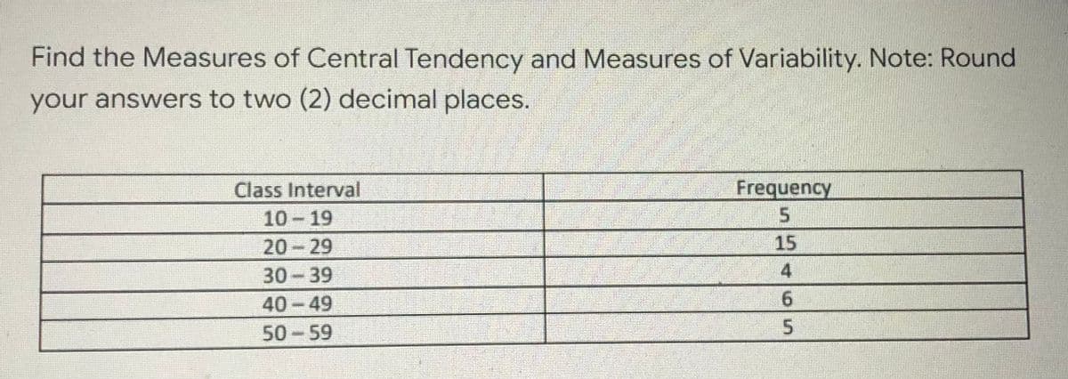 Find the Measures of Central Tendency and Measures of Variability. Note: Round
your answers to two (2) decimal places.
Class Interval
Frequency
10-19
5
20-29
15
30-39
4
40-49
6
50-59