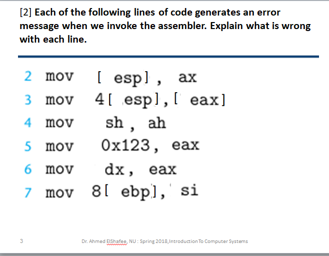 [2] Each of the following lines of code generates an error
message when we invoke the assembler. Explain what is wrong
with each line.
I esp] , ax
4[ espl, [ eax]
sh , ah
Ox123,
2 mov
3 mov
4 mov
5 mov
eax
6 mov
dx,
eax
7 mov
81 ebp], si
3
Dr. Ahmed EIShafee, NU: Spring 2018,Introduction To Computer Systems
www
