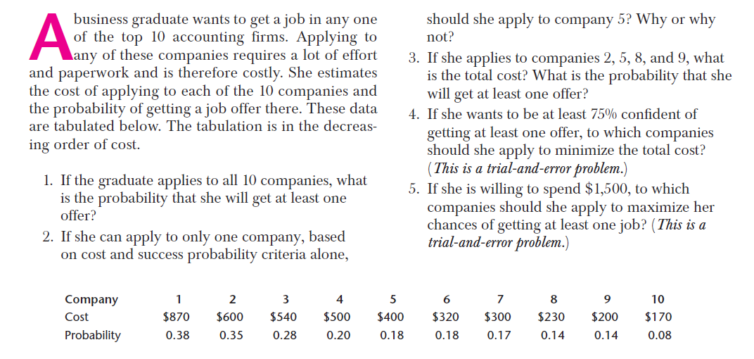 business graduate wants to get a job in any one
of the top 10 accounting firms. Applying to
any of these companies requires a lot of effort
paperwork and is therefore costly. She estimates
ost of applying to each of the 10 companies and
robability of getting a job offer there. These data
abulated below. The tabulation is in the decreas-
sh
n
3. If
is
4. If
g
sE
rder of cost.

