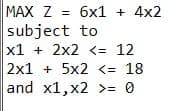 MAX Z = 6x1 + 4x2
subject to
x1 + 2x2 <= 12
2x1 + 5x2 <= 18
and x1,x2 >= 0
%3D
