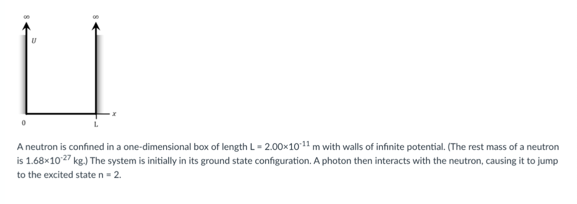 00
U
A neutron is confined in a one-dimensional box of length L = 2.00×1011 m with walls of infınite potential. (The rest mass of a neutron
is 1.68×1027 kg.) The system is initially in its ground state configuration. A photon then interacts with the neutron, causing it to jump
to the excited state n = 2.
