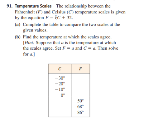 91. Temperature Scales The relationship between the
Fahrenheit (F) and Celsius (C) temperature scales is given
by the equation F = }C + 32.
(a) Complete the table to compare the two scales at the
given values.
(b) Find the temperature at which the scales agree.
[Hint: Suppose that a is the temperature at which
the scales agree. Set F = a and C = a. Then solve
for a.]
F
- 30°
-20°
- 10°
0°
50°
68°
86°
