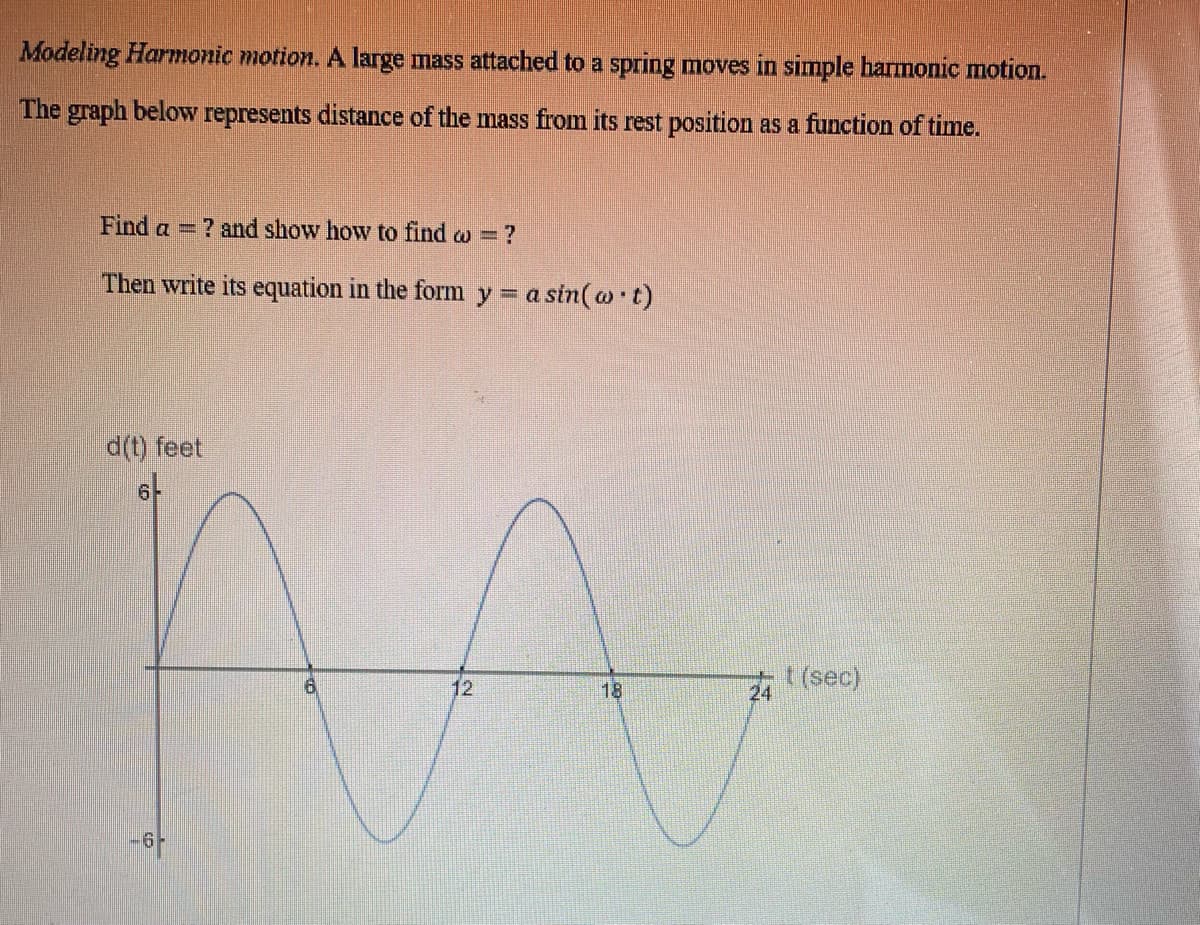 Modeling Harmonic motion. A large mass attached to a spring moves in simple harmonic motion.
The graph below represents distance of the mass from its rest position as a function of time.
Find a
? and show how to find w = ?
Then write its equation in the form y = a sin(w t)
d(t) feet
6-
12
18
-6
8
24
t (sec)