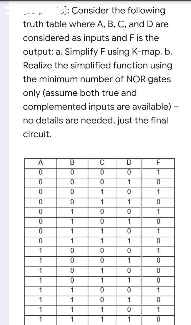 ): Consider the following
--- -
truth table where A, B, C, and D are
considered as inputs and F is the
output: a. Simplify F using K-map. b.
Realize the simplified function using
the minimum number of NOR gates
only (assume both true and
complemented inputs are available) –
no details are needed, just the final
circuit.
A
B
C
D
1
1
1
1
1
1
1
1
1
1
1
1
1
1
1
1
1
1
1
1
1
1
1
1
1
1
1
1
1
1
0.
1
1
1
1
1
1
1
1
1
