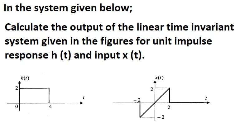 In the system given below;
Calculate the output of the linear time invariant
system given in the figures for unit impulse
response h (t) and input x (t).
h(t)
x(t)
2
2
4
2
2
