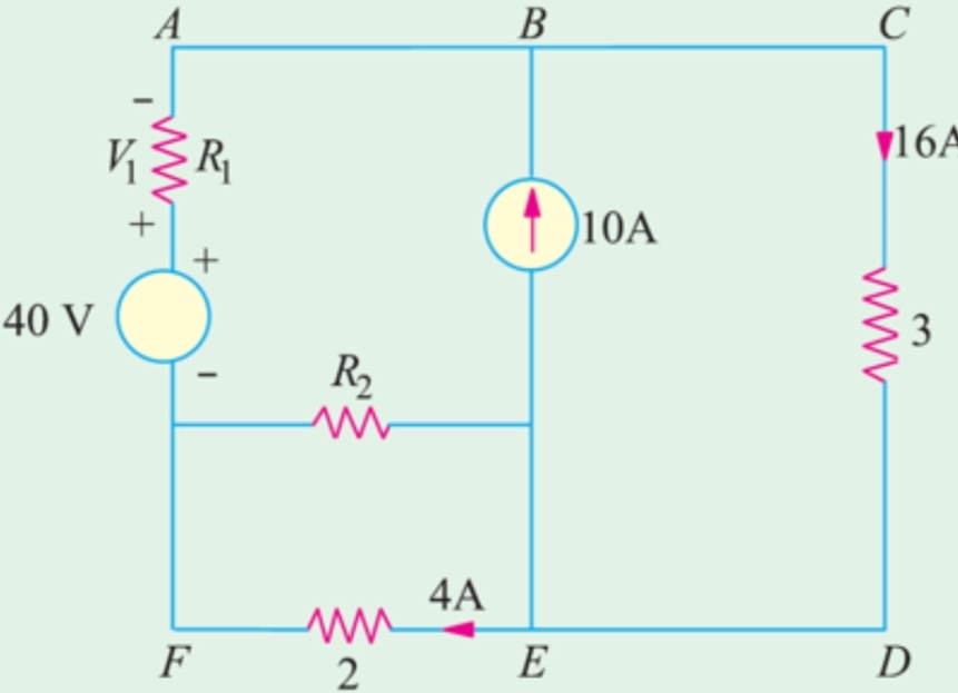 A
В
C
v16A
1 )10A
+
40 V
R2
4A
F
2
E
D
