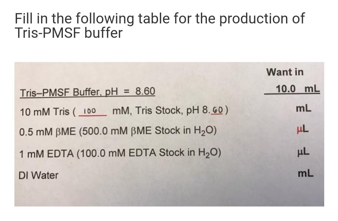 Fill in the following table for the production of
Tris-PMSF buffer
Want in
Tris-PMSF Buffer, pH
= 8.60
10.0 mL
10 mM Tris ( 100
mM, Tris Stock, pH 8. G0)
mL
0.5 mM BME (500.0 mM BME Stock in H2O)
1 mM EDTA (100.0 mM EDTA Stock in H2O)
µL
DI Water
mL
