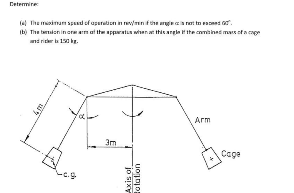 Determine:
(a) The maximum speed of operation in rev/min if the angle a is not to exceed 60°.
(b) The tension in one arm of the apparatus when at this angle if the combined mass of a cage
and rider is 150 kg.
Arm
3m
Cage
LAxis of
Rotation
