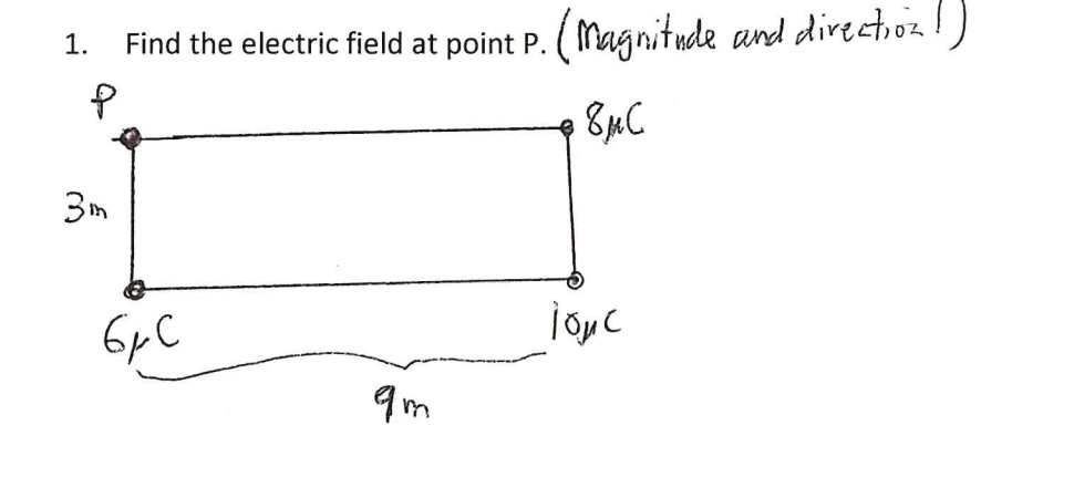 1. Find the electric field at point P. (Magnitude and direchozl)
3m
