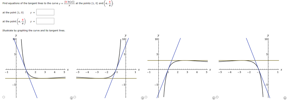 (8 In(x))
Find equations of the tangent lines to the curve y =
at the points (1, 0) and (e,
at the point (1, 0)
y =
at the point
е,
y =
Illustrate by graphing the curve and its tangent lines.
y
y
y
y
10F
10
10F
10-
-1
3
4
5
-5
-4
-3
-2
11
-1
2
3
4
-5
-4
-3
-2
1
