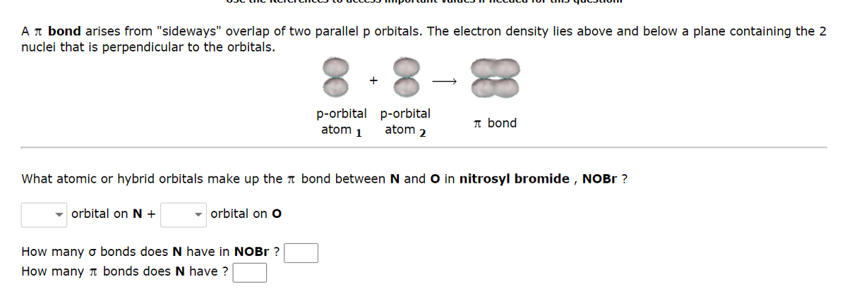 A bond arises from "sideways" overlap of two parallel p orbitals. The electron density lies above and below a plane containing the 2
nuclei that is perpendicular to the orbitals.
orbital on N +
What atomic or hybrid orbitals make up the bond between N and O in nitrosyl bromide, NOBr?
orbital on O
p-orbital p-orbital
atom 1
atom 2
How many o bonds does N have in NOBr?
How many bonds does N have ?
π bond