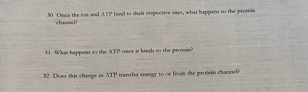 30. Once the ion and ATP bind to their respective sites, what happens to the protein
channel?
31. What happens to the ATP once it binds to the protein?
32. Does this change in ATP transfer energy to or from the protein channel?