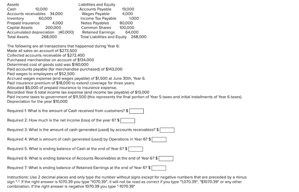 Assets
Cash
Accounts receivables 34,000
Inventory
Prepaid Insurance
Capital Assets
Accumulated depreciation (40,000)
Total Assets
Liabilities and Equity
Accounts Payable
Wages Payable
Income Tax Payable
Notes Payables
Common Shares
Retained Earnings
Total Liabilities and Equity 268,000
10,000
19,000
4,000
1,000
80,000
100,000
64,000
60,000
4,000
200,000
268,000
The following are all transactions that happened during Year 6:
Made all sales on account of $273,500
Collected accounts receivable of $272,400
Purchased merchandise on account of $134,000
Determined cost of goods sold was $140,000
Paid accounts payable (for merchandise purchased) of $143,000
Paid wages to employees of $52,500
Accrued wages expense (and wages payable) of $1,500 at June 30th, Year 6.
Paid insurance premium of $18,000 to extend coverage for three years.
Allocated $5,000 of prepaid insurance to insurance expense.
Recorded Year 6 total income tax expense (and income tax payable) of $13,000
Paid income taxes to government of $11,500 (this represents the final portion of Year 5 taxes and initial installments of Year 6 taxes).
Depreciation for the year $10,000
Required 1: What is the amount of Cash received from customers?
Required 2: How much is the net income (loss) of the year 6? $ [
Required 3: What is the amount of cash generated (used) by accounts receivables? $
Required 4: What is amount of cash generated (used) by Operations in Year 6? $
Required 5: What is ending balance of Cash at the end of Year 6? $ [
Required 6: What is ending balance of Accounts Receivables at the end of Year 6? $
Required 7: What is ending balance of Retained Earnings at the end of Year 6? $
Instructions: Use 2 decimal places and only type the number without signs except for negative numbers that are preceded by a minus
sign ".". If the right answer is 1070.39 you type "1070.39", it will not be read as correct if you type "1,070.39", "$1070.39" or any other
combination. If the right answer is negative 1070.39 you type "-1070.39"
