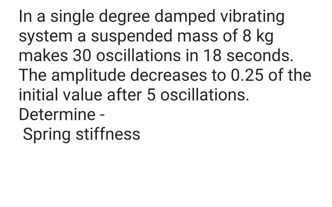 In a single degree damped vibrating
system a suspended mass of 8 kg
makes 30 oscillations in 18 seconds.
The amplitude decreases to 0.25 of the
initial value after 5 oscillations.
Determine -
Spring stiffness
