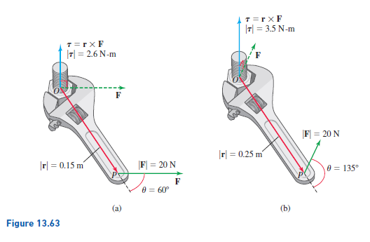 T=rxF
7| = 3.5 N-m
T=rxF
I기 %3D2.6 N-m
F
F = 20 N
|r| = 0.25 m
|r| = 0.15 m
F| = 20 N
θ3D 135°
F
θ3D 60°
(a)
(b)
Figure 13.63
