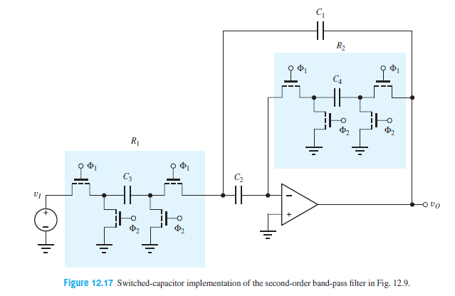R2
C4
R1
C3
C2
Figure 12.17 Switched-capacitor implementation of the second-order band-pass filter in Fig. 12.9.

