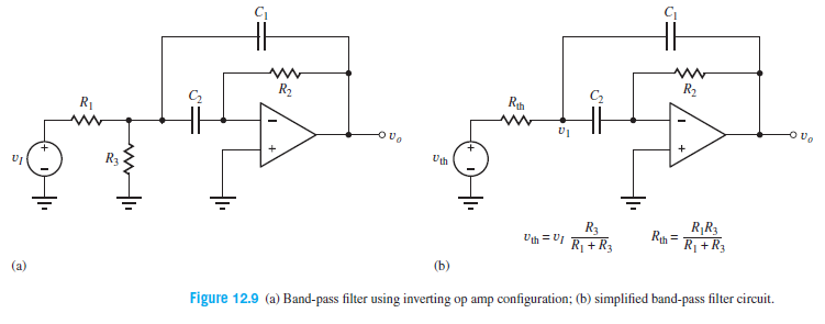 R2
R1
C2
R2
R3
R3
Uth = U
R¡ + R3
Rih =
R¡R3
R1 + R3
(a)
(b)
Figure 12.9 (a) Band-pass filter using inverting op amp configuration; (b) simplified band-pass filter circuit.
