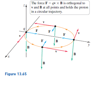 The force F = qv x B is orthogonal to
v and B at all points and holds the proton
in a circular trajectory.
F
F
F
F
B
B
В
B
Figure 13.65
