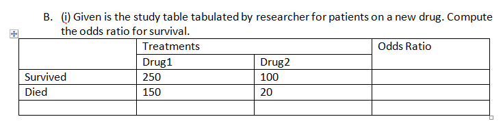 B. (i) Given is the study table tabulated by researcher for patients on a new drug. Compute
the odds ratio for survival.
Treatments
Odds Ratio
Drug1
Drug2
Survived
250
100
Died
150
20
