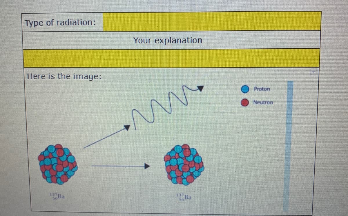 Type of radiation:
Your explanation
Here is the image:
Proton
Neutron
Ba
"Ba
117
137
