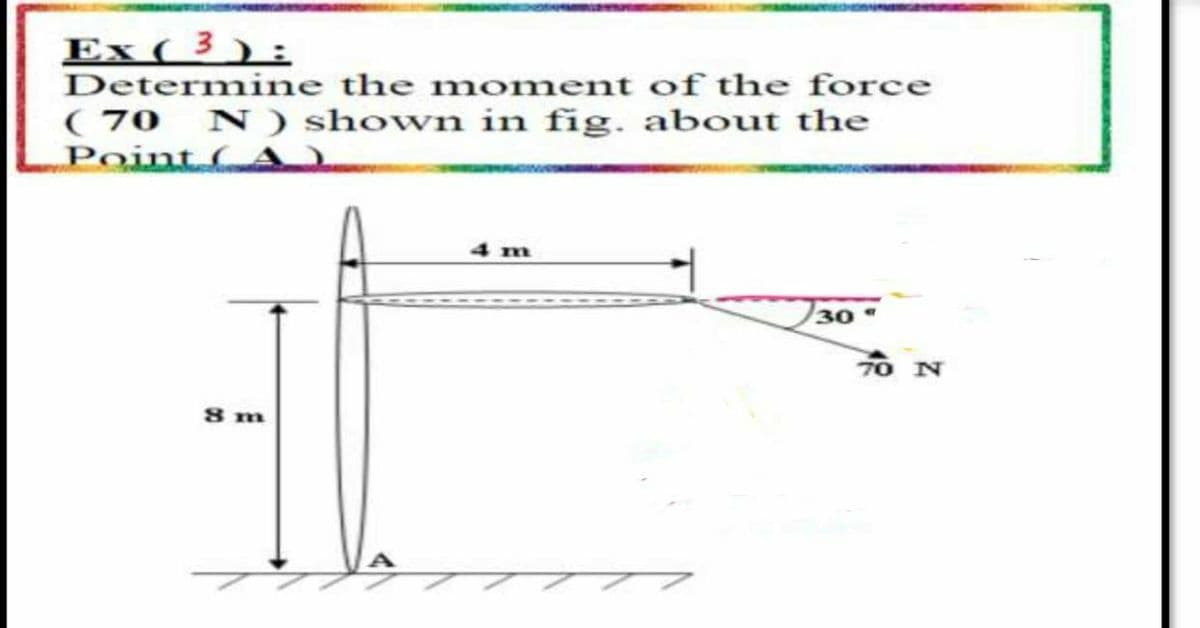 Ex ( 3 ) :
Determine the moment of the force
( 70 N) shown in fig. about the
Point (A
4 m
30
7o N
8 m
