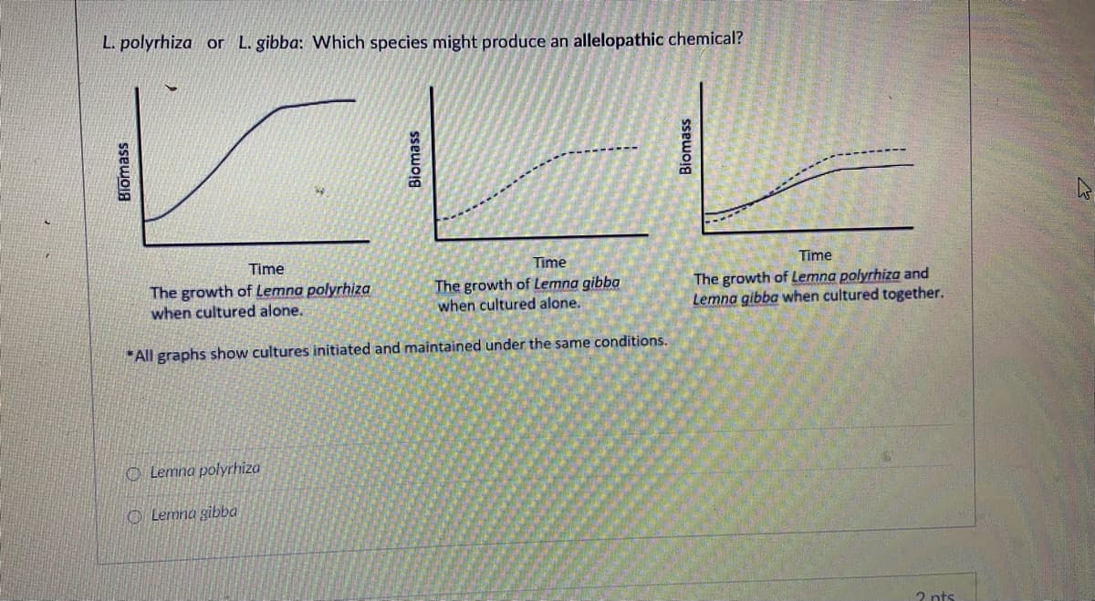 L. polyrhiza or L. gibba: Which species might produce an allelopathic chemical?
Time
Time
Time
The growth of Lemna polyrhiza
when cultured alone.
The growth of Lemna gibba
when cultured alone.
The growth of Lemna polyrhiza and
Lemna gibba when cultured together.
* All graphs show cultures initiated and maintained under the same conditions.
O Lemna polyrhiza
O Lemna gibba
2 nts
Blomass
Biomass
Biomass
