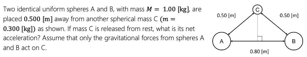 Two identical uniform spheres A and B, with mass M = 1.00 [kg], are
placed 0.500 [m] away from another spherical mass C (m =
0.300 [kg]) as shown. If mass C is released from rest, what is its net
acceleration? Assume that only the gravitational forces from spheres A
0.50 [m]
0.50 [m]
A
and B act on C.
0.80 [m]
