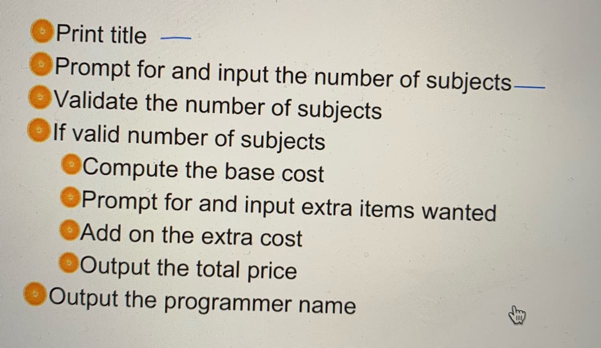 Print title
-
Prompt for and input the number of subjects-
Validate the number of subjects
If valid number of subjects
Compute the base cost
Prompt for and input extra items wanted
Add on the extra cost
Output the total price
Output the programmer name
