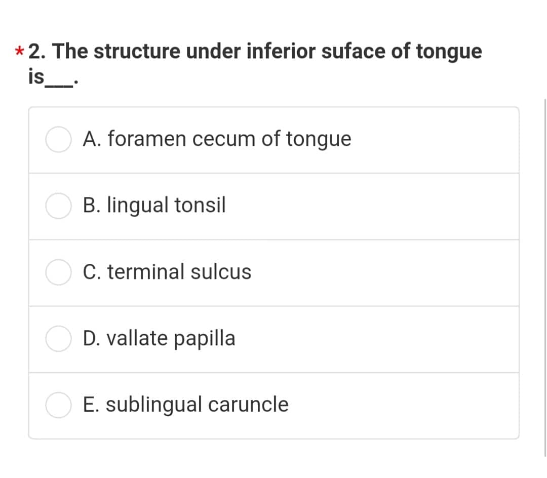 * 2. The structure under inferior suface of tongue
is__.
A. foramen cecum of tongue
B. lingual tonsil
C. terminal sulcus
D. vallate papilla
E. sublingual caruncle
