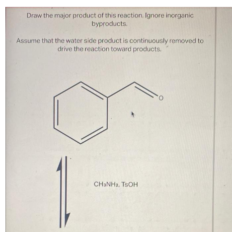 Draw the major product of this reaction. Ignore inorganic
byproducts.
Assume that the water side product is continuously removed to
drive the reaction toward products.
CH3NH2, TSOH
