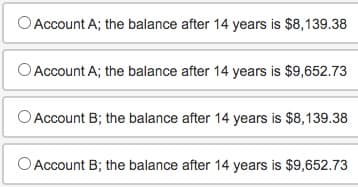 Account A; the balance after 14 years is $8,139.38
Account A; the balance after 14 years is $9,652.73
Account B; the balance after 14 years is $8,139.38
O Account B; the balance after 14 years is $9,652.73