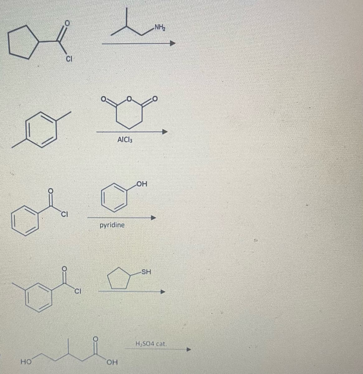 NH2
CI
AICI3
он
CI
pyridine
SH
CI
H,SO4 cat.
но
OH
