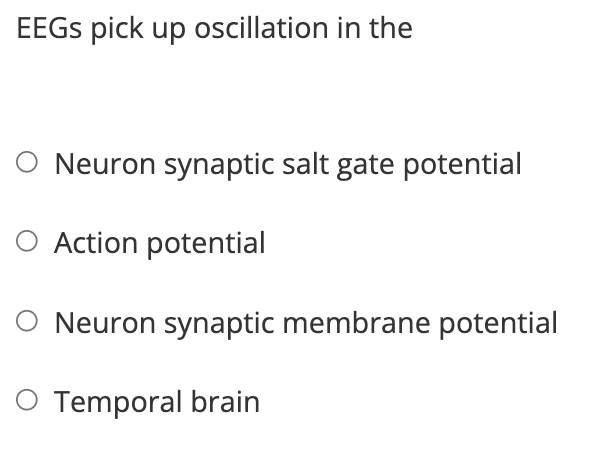 EEGS pick up oscillation in the
Neuron synaptic salt gate potential
Action potential
Neuron synaptic membrane potential
O Temporal brain