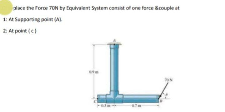 2 place the Force 70N by Equivalent System consist of one force &couple at
1: At Supporting point (A).
2: At point (c)
0.9m
0.7m
70 N