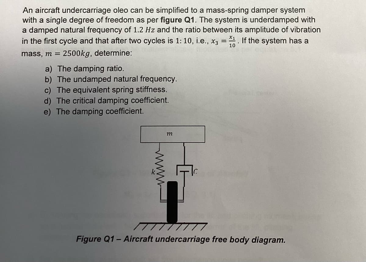 An aircraft undercarriage oleo can be simplified to a mass-spring damper system
with a single degree of freedom as per figure Q1. The system is underdamped with
a damped natural frequency of 1.2 Hz and the ratio between its amplitude of vibration
in the first cycle and that after two cycles is 1: 10, i.e., x3 =1. If the system has a
mass, m = 2500kg, determine:
10
a) The damping ratio.
b) The undamped natural frequency.
c) The equivalent spring stiffness.
d) The critical damping coefficient.
e) The damping coefficient.
www
m
Figure Q1 - Aircraft undercarriage free body diagram.
