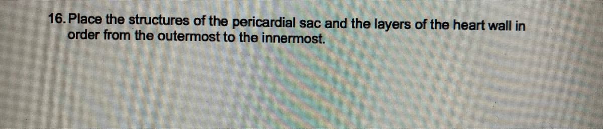 16. Place the structures of the pericardial sac and the layers of the heart wall in
order from the outermost to the innermost.