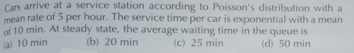 Cars arrive at a service station according to Poisson's distribution with a
mean rate of 5 per hour. The service time per car is exponential with a mean
of 10 min. At steady state, the average waiting time in the queue is
(a) 10 min
(b) 20 min
(c) 25 min
(d) 50 min
