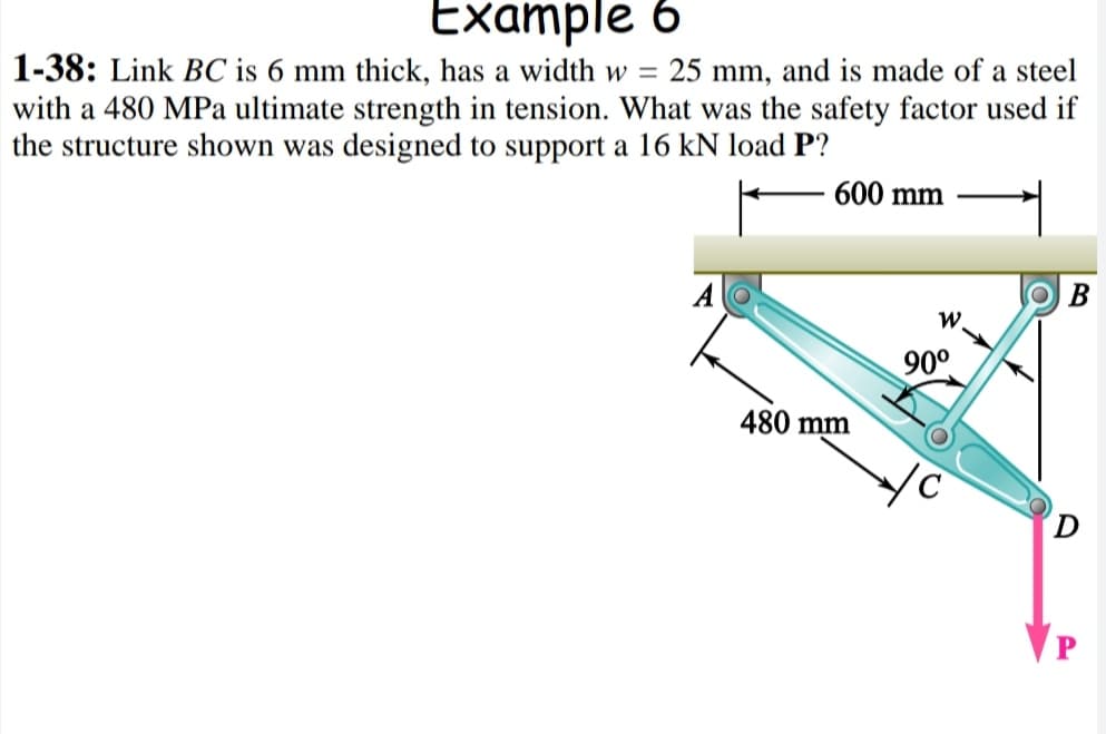 Example 6
1-38: Link BC is 6 mm thick, has a width w = 25 mm, and is made of a steel
with a 480 MPa ultimate strength in tension. What was the safety factor used if
the structure shown was designed to support a 16 kN load P?
600 mm
A
W.
90°
480 mm
