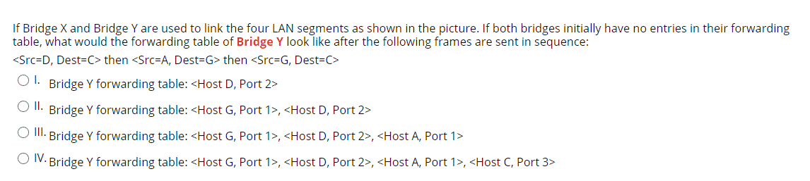 If Bridge X and Bridge Y are used to link the four LAN segments as shown in the picture. If both bridges initially have no entries in their forwarding
table, what would the forwarding table of Bridge Y look like after the following frames are sent in sequence:
<Src=D, Dest=C> then <Src=A, Dest3G> then <Src=G, Dest=C>
OI.
Bridge Y forwarding table: <Host D, Port 2>
O II. Bridge Y forwarding table: <Host G, Port 1>, <Host D, Port 2>
O III. Bridge Y forwarding table: <Host G, Port 1>, <Host D, Port 2>, <Host A, Port 1>
IV. Bridge Y forwarding table: <Host G, Port 1>, <Host D, Port 2>, <Host A, Port 1>, <Host C, Port 3>
