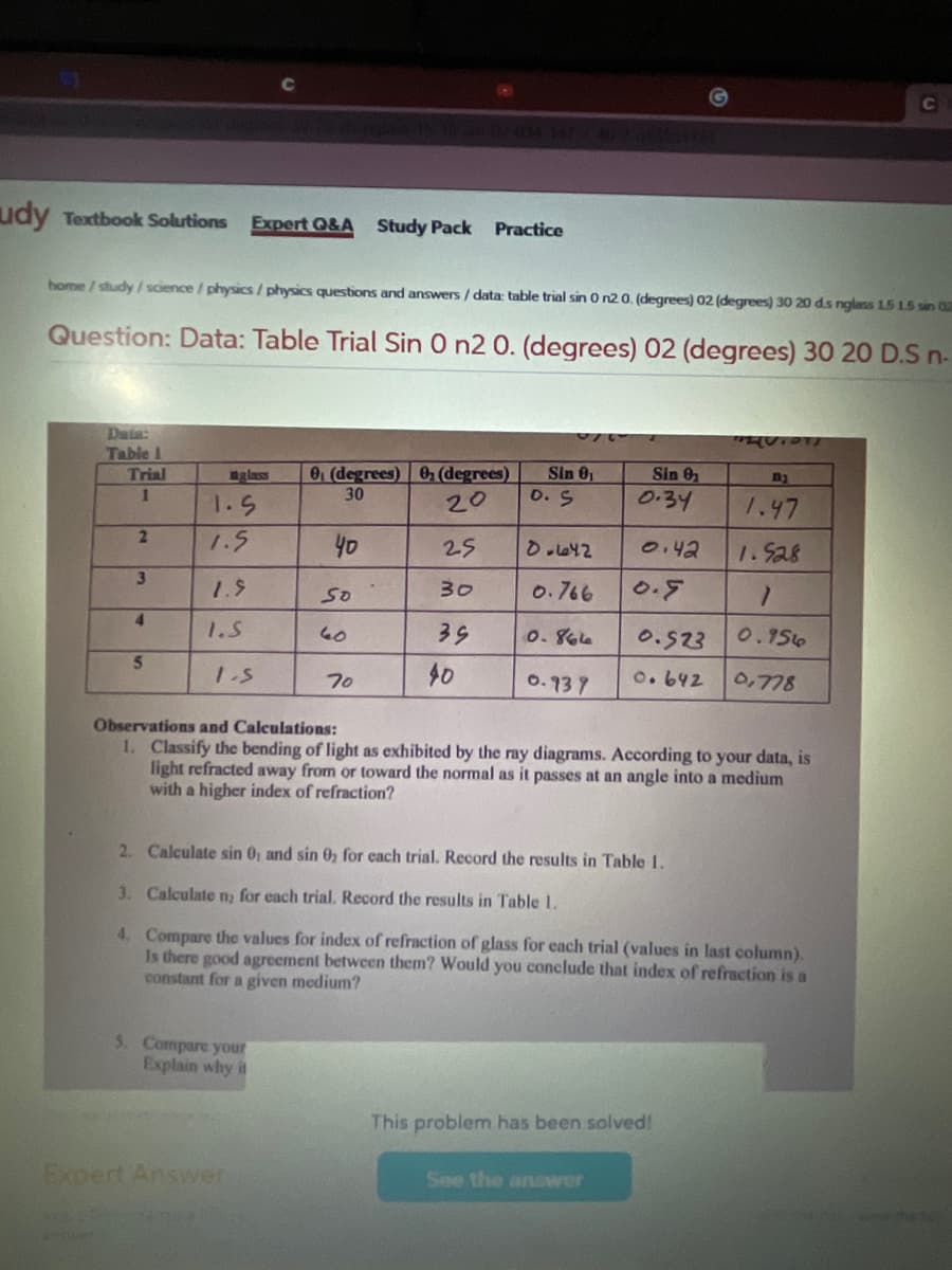 Cc
udy Textbook Solutions
Expert Q&A
Study Pack
Practice
home/study/science / physics / physics questions and answers / data: table trial sin 0 n20. (degrees) 02 (degrees) 30 20 ds nglass 1.5 1.5 sin 02
Question: Data: Table Trial Sin 0 n2 0. (degrees) 02 (degrees) 30 20 D.S n-
Daia:
Table 1
Trial
0 (degrees) 0 (degrees)
30
Sin 0
D. S
Sin &
0.34
glass
na
1.5
20
1.47
2.
1.5
40
25
0.42
1.S28
3\
1.5
30
0.766
0.5
4.
1.5
60
35
O. 866
0.523
0.156
5.
70
40
0.137
o.642
0,778
Observations and Calculations:
1. Classify the bending of light as exhibited by the ray diagrams. According to your data, is
light refracted away from or toward the normal as it passes at an angle into a medium
with a higher index of refraction?
2. Calculate sin 0, and sin 0, for each trial. Record the results in Table 1.
3. Calculate n, for each trial. Record the results in Table 1.
4. Compare the values for index of refraction of glass for each trial (values in last column).
Is there good agreement between them? Would you conclude that index of refraction is a
constant for a given medium?
5. Compare your
Explain why it
This problem has been solved!
Expert Answer
See the anSwer
