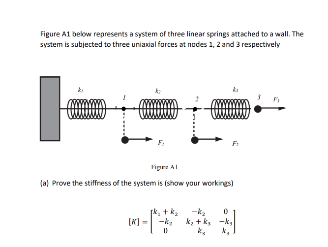 Figure A1 below represents a system of three linear springs attached to a wall. The
system is subjected to three uniaxial forces at nodes 1, 2 and 3 respectively
|
kı
k₂
[K] =
F₁
k3
Figure Al
(a) Prove the stiffness of the system is (show your workings)
[k₁ + k₂
-k₂
0
F₂
-K₂ 0
k₂ + K3-K3
-k3
K3
3 F3