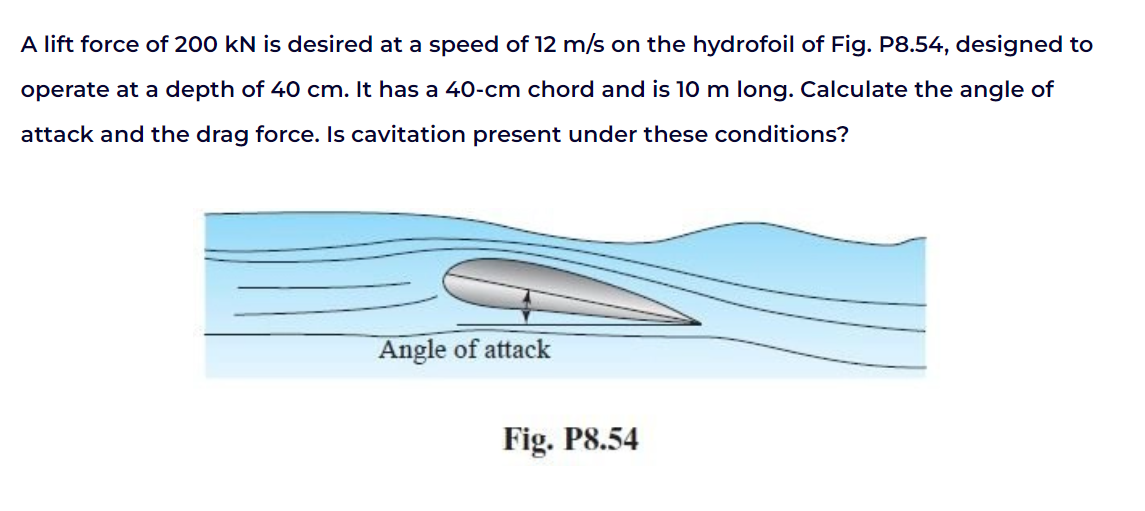A lift force of 200 kN is desired at a speed of 12 m/s on the hydrofoil of Fig. P8.54, designed to
operate at a depth of 40 cm. It has a 40-cm chord and is 10 m long. Calculate the angle of
attack and the drag force. Is cavitation present under these conditions?
Angle of attack
Fig. P8.54