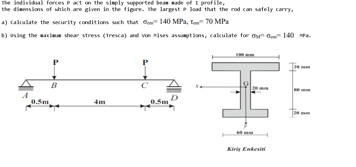 The individual forces P act on the simply supported beam made of I profile,
the dimensions of which are given in the figure. The largest P load that the rod can safely carry,
a) Calculate the security conditions such that oem= 140 MPa, tem= 70 MPa
b) Using the maximum shear stress (Tresca) and von Mises assumptions, calculate for OM= 0em- 140 MPa.
100 mm
P
P
20 mm
В
C
20 mm
80 mm
A
0.5m,
4m
0.5m.
20 mm
60 mm
Kiriş Enkesiti
