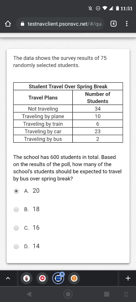 41 11:51
testnavclient.psonsvc.net/#/qu
The data shows the survey results of 75
randomly selected students.
Student Travel Over Spring Break
Number of
Travel Plans
Students
Not traveling
Traveling by plane
Traveling by train
Traveling by car
34
6
23
Traveling by bus
2
The school has 600 students in total. Based
on the results of the poll, how many of the
school's students should be expected to travel
by bus over spring break?
A. 20
В. 18
С. 16
D. 14
+
