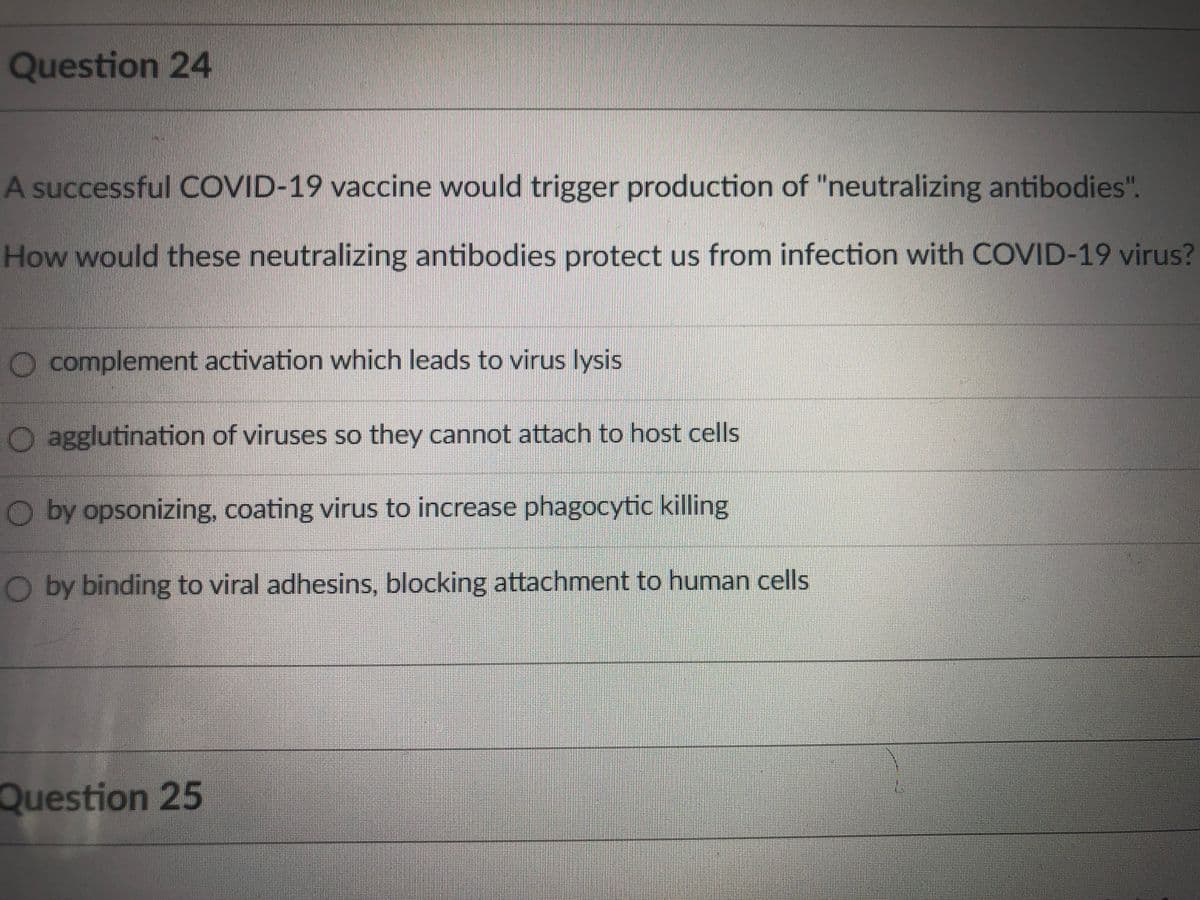 Question 24
A successful COVID-19 vaccine would trigger production of "neutralizing antibodies".
How would these neutralizing antibodies protect us from infection with COVID-19 virus?
O complement activation which leads to virus lysis
O agglutination of viruses so they cannot attach to host cells
O by opsonizing, coating virus to increase phagocytic killing
O by binding to viral adhesins, blocking attachment to human cells
Question 25
