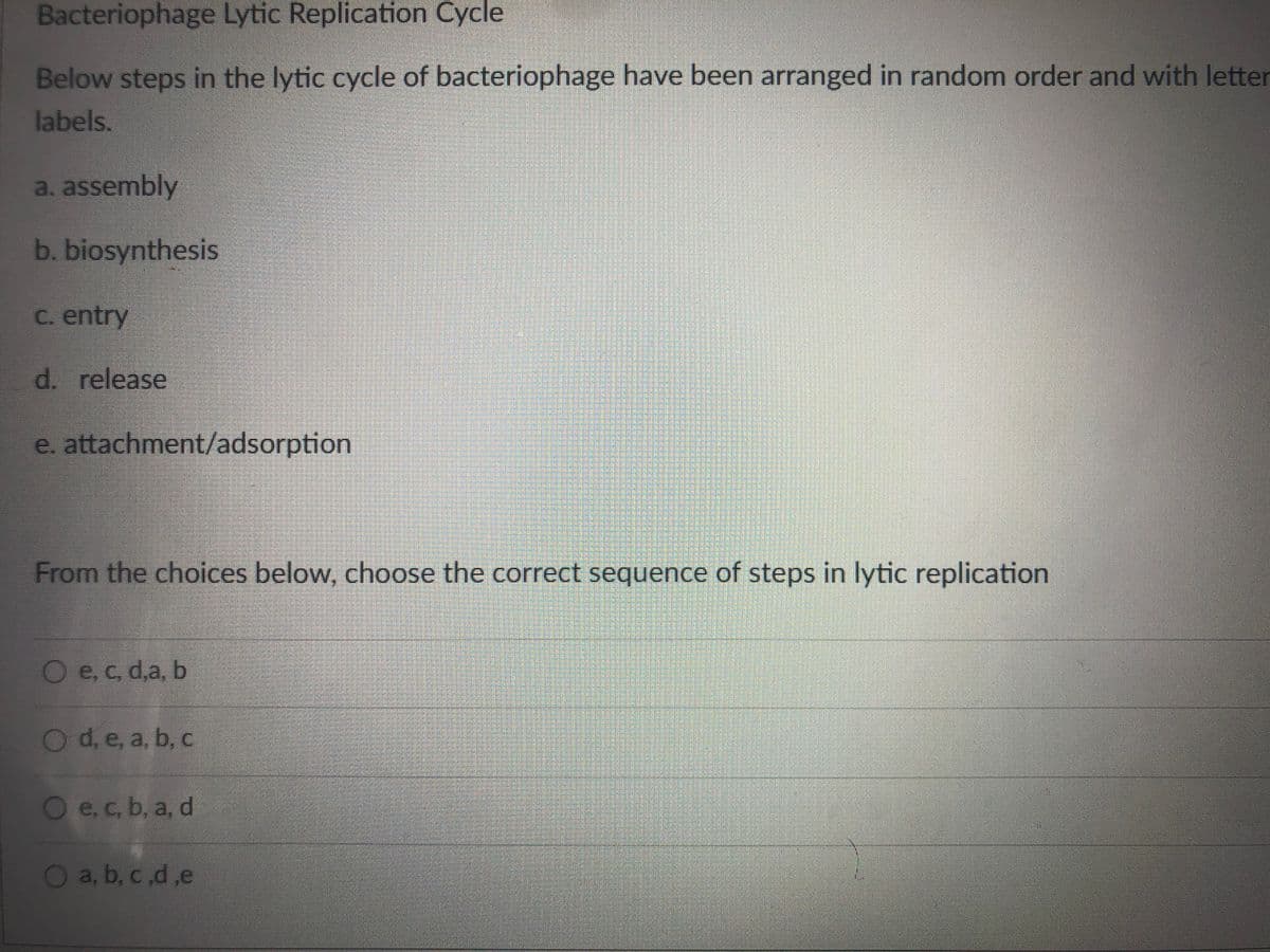 Bacteriophage Lytic Replication Cycle
Below steps in the lytic cycle of bacteriophage have been arranged in random order and with letter
labels.
a. assembly
b.biosynthesis
C. entry
d. release
e. attachment/adsorption
From the choices below, choose the correct sequence of steps in lytic replication
O e, c, d,a, b
O d, e, a, b, c
Oe,c, b, a, d
O a, b, c,d,e
