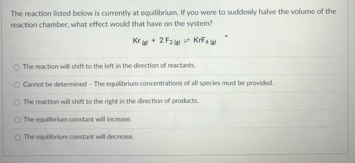 The reaction listed below is currently at equilibrium. If you were to suddenly halve the volume of the
reaction chamber, what effect would that have on the system?
Kr (g) + 2 F2 (3) = KrF4 (s)
The reaction will shift to the left in the direction of reactants.
O Cannot be determined - The equilibrium concentrations of all species must be provided.
The reaction will shift to the right in the direction of products.
O The equilibrium constant will increase.
O The equilibrium constant will decrease.
