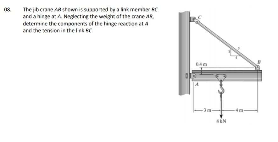 08.
The jib crane AB shown is supported by a link member BC
and a hinge at A. Neglecting the weight of the crane AB,
determine the components of the hinge reaction at A
and the tension in the link BC.
B
0.4 m
|A
- 3 m -
- 4 m
8 KN
